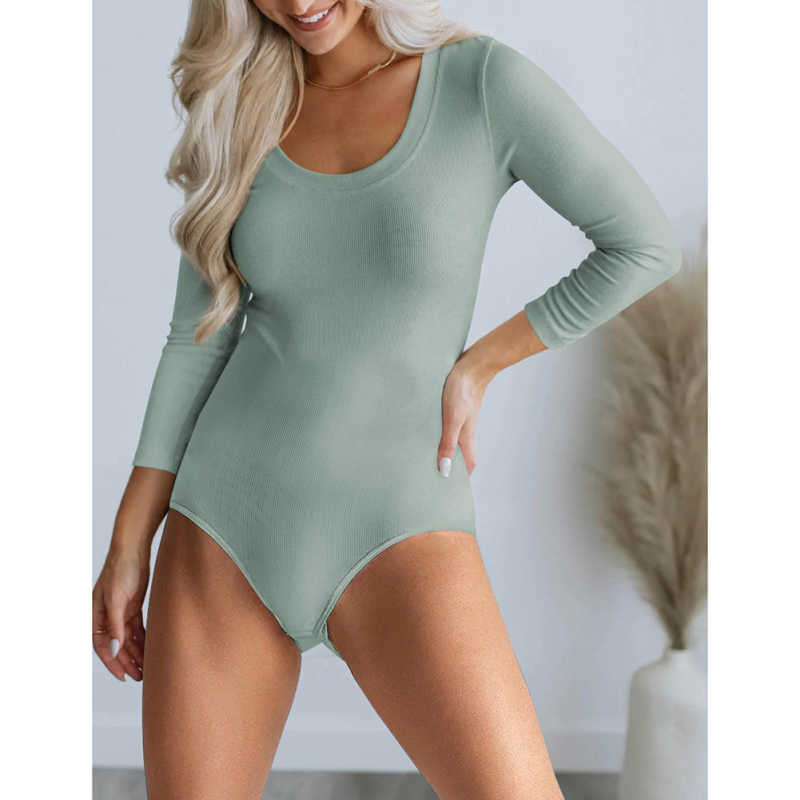Greyish Green U Neck Ribbed Long Sleeve Bodysuit TQV220126-50