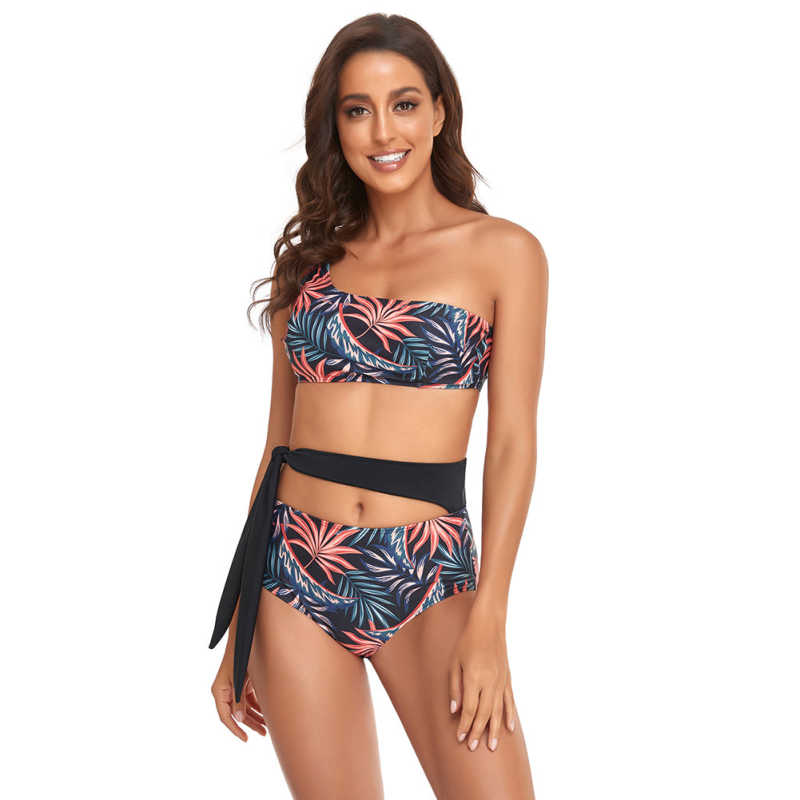Red One Shoulder Tie Waist Bikini Swimwear TQK610297-3
