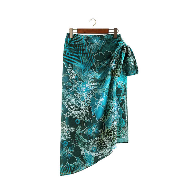 Green Print Chiffon Beach Wrap Skirt TQK650083-9