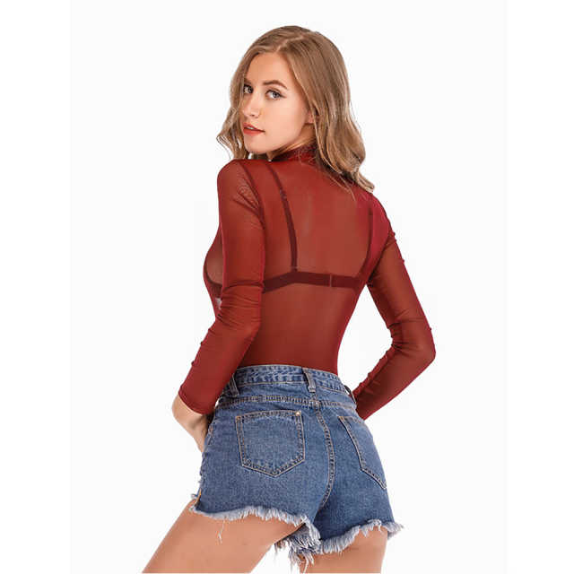 Red Sheer Mesh High Collar Long Sleeve Bodysuit TQK550286-3