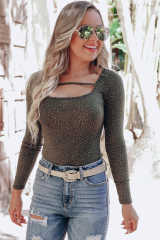 Olive Strappy Hollow-out Scoop Neck Long Sleeve Leopard Bodysuit LC6421125-9