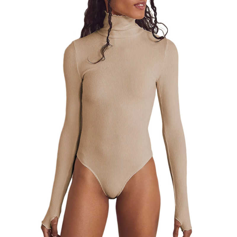 Apricot Ribbed High Collar Long Sleeve Bodysuit TQV220125-18