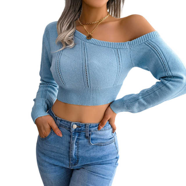 Blue Spliced Hollow-out One-shoulder Crop Sweater TQG270003-5