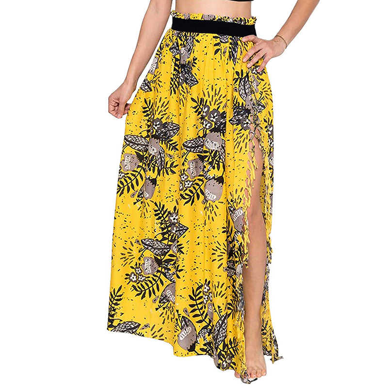 Yellow Printed Tassel Split Beach Skirt TQS360010-7