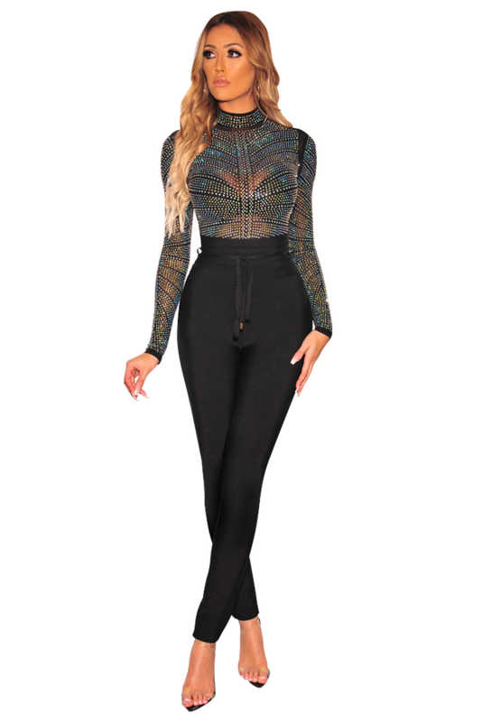 Black Iridescent Silver Rhinestone Studded Mock Neck Bodysuit LC32346-2