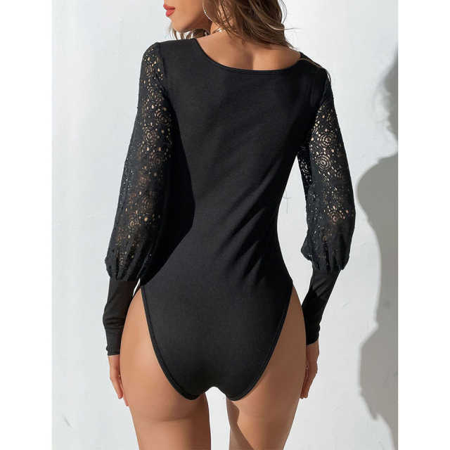 Black Spliced Lace Long Sleeve Bodysuit TQV220114-2