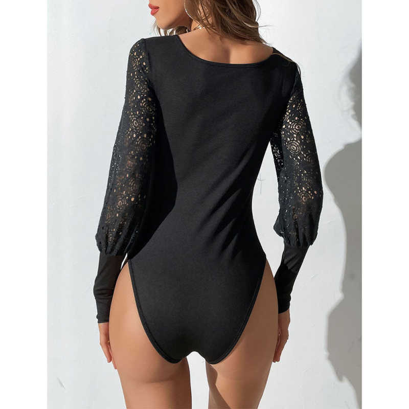 Black Spliced Lace Long Sleeve Bodysuit TQV220114-2
