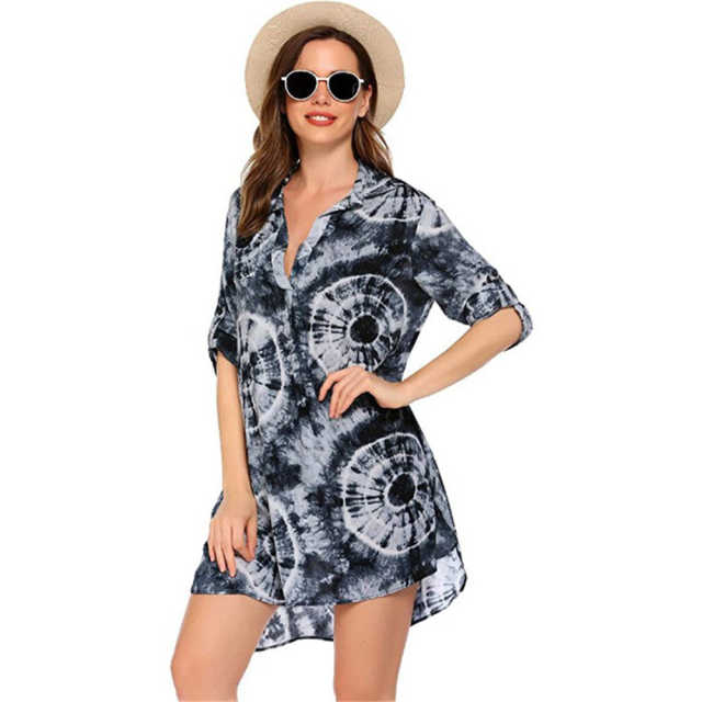 Black Print Shirt Style Beach Cover Dress TQK650072-2