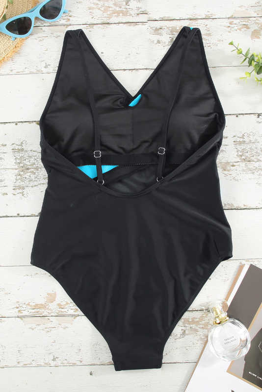 Blue Colorblock Mesh Backless One-piece Swimwear LC442720-5
