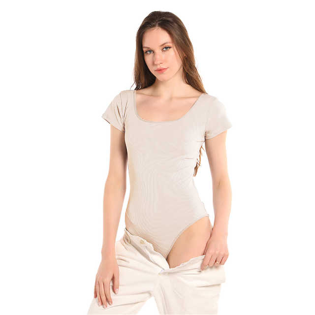 Beige Rib Square Neck Bodysuit TQK550247-46