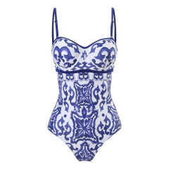 Blue and White Porcelain Printed Steel Boned One Piece Swimwear TQX620045-5