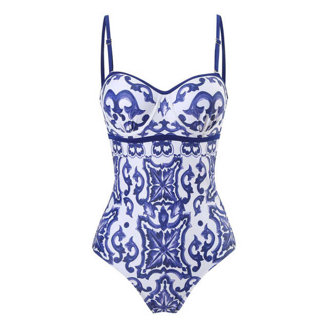Blue and White Porcelain Printed Steel Boned One Piece Swimwear TQX620045-5