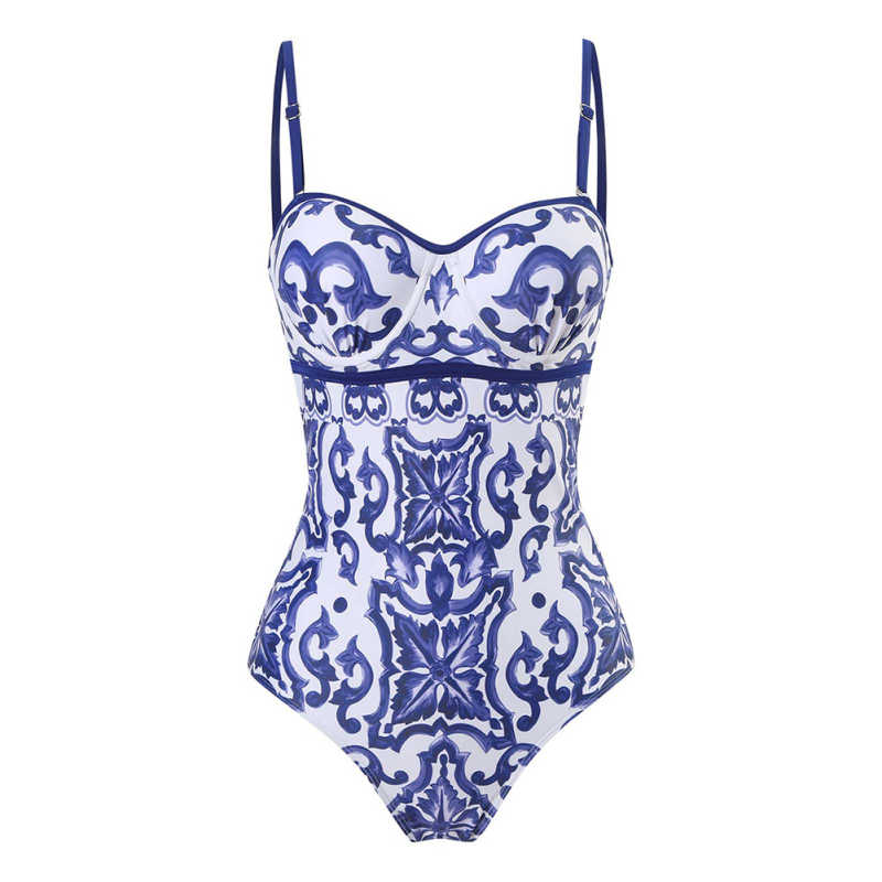 Blue and White Porcelain Printed Steel Boned One Piece Swimwear TQX620045-5