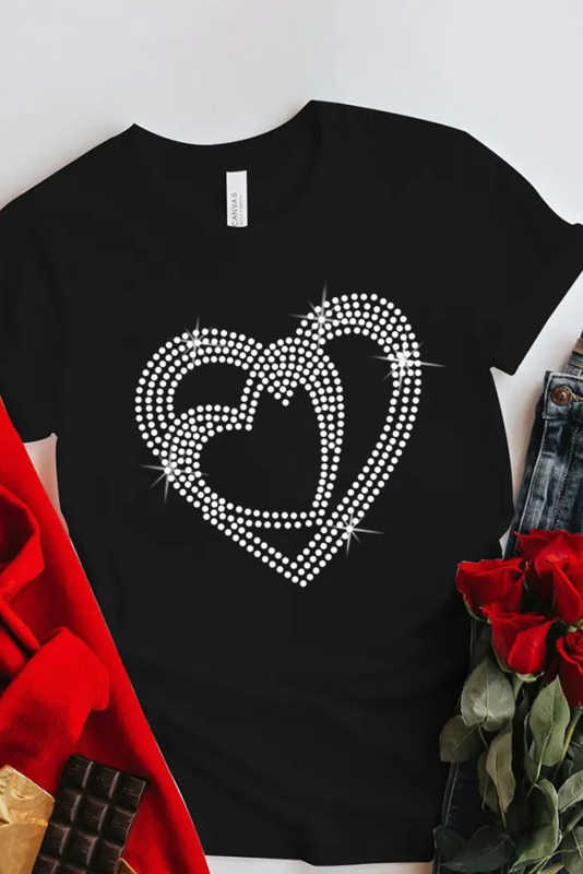 Black Shining Heart Pattern Valentines T Shirt LC25219498-2