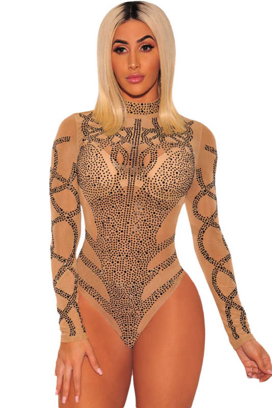 Khaki Black Rhinestone Faux Bustier Mesh Long Sleeves Bodysuit LC32210-16