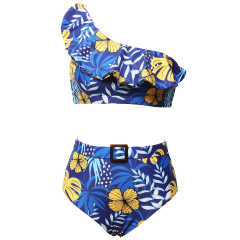 Blue Printed One Shoulder Ruffle Bikini Swimwear TQK610299-5