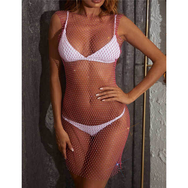 Rosy Rhinestone Fishnet Mesh Hollow-out Swimwear Beach Cover Dress TQK310732-6
