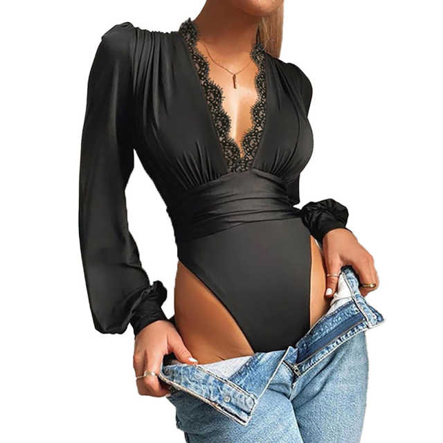 Black Deep V Neck Lace Detail Long Sleeve Bodysuit TQK550271-2