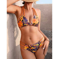 Orange Floral Print Hollow Out Bikini Set TQX610020-14