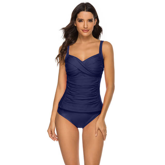 Navy Blue Ruched 2pcs Tankini Swimsuit TQK610159-34