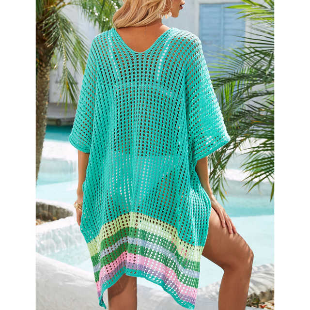 Blue Hollw-out Colorblock Hem V Neck Beach Cover TQX650055-5
