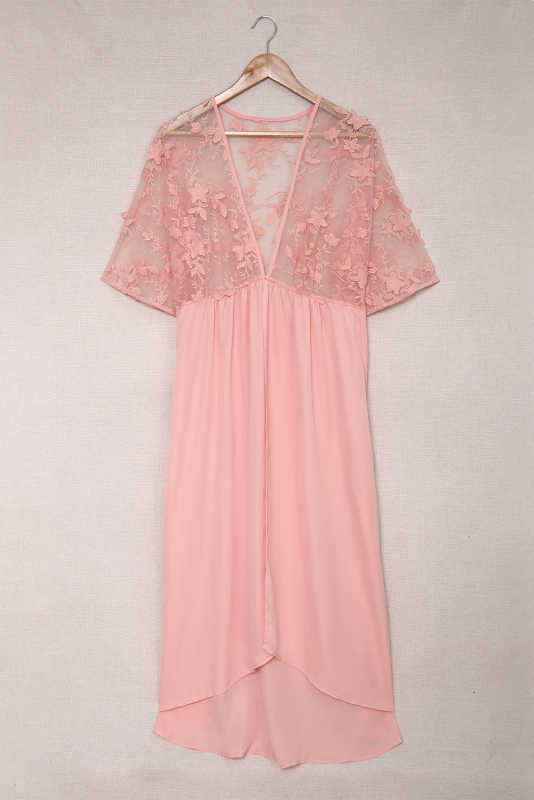 Pink Floral Mesh Lace Crochet Open Front Kimono LC2541187-10