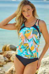 Sky Blue Palm Leaves Print Sleeveless Tankini Swimsuit LC415356-204