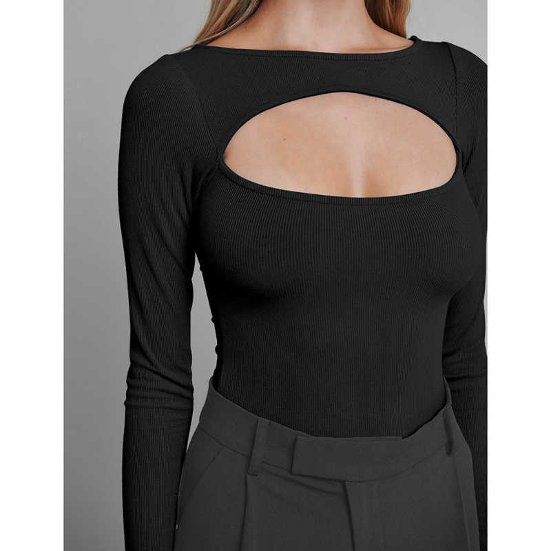 Black Ribbed Cut-out Long Sleeve Bodysuit TQV220110-2