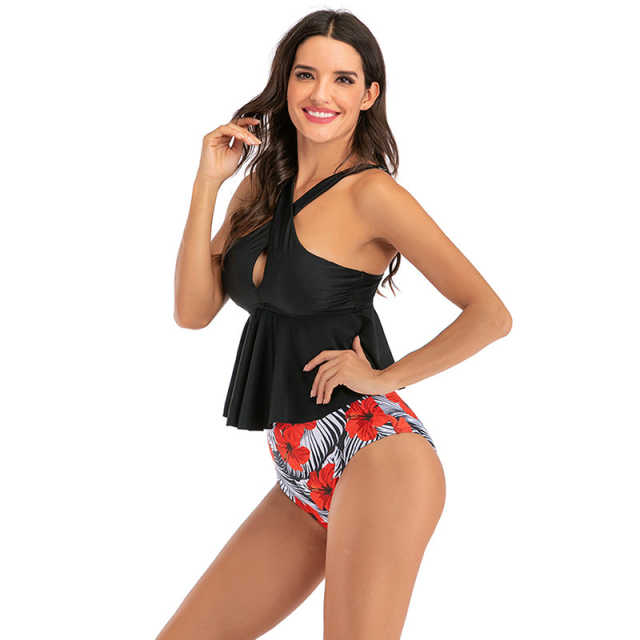Black Floral Print Bottom Cross Ruffled  Tankini Set TQK610148-2