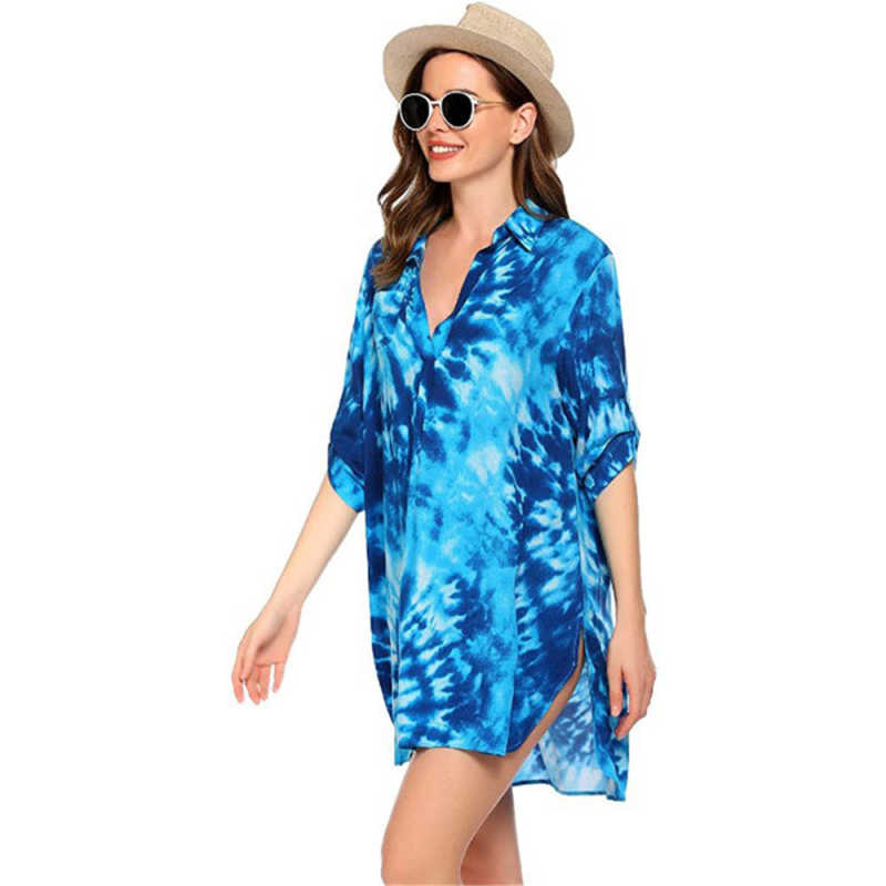 Aquamarine Print Shirt Style Beach Cover Dress TQK650072-45