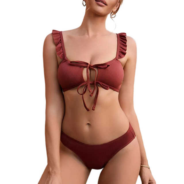 Wine Red Ruffle Detail Lace-up Bikini Set TQX610006-23