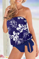 Blue Floral Pattern Strapless Tankini Set LC414353-5