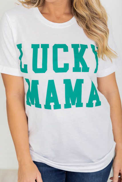 White LUCKY MAMA Letters Print Tee LC25219698-1