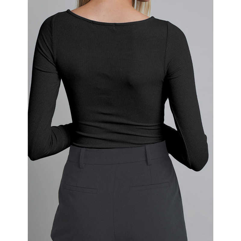 Black Ribbed Cut-out Long Sleeve Bodysuit TQV220110-2