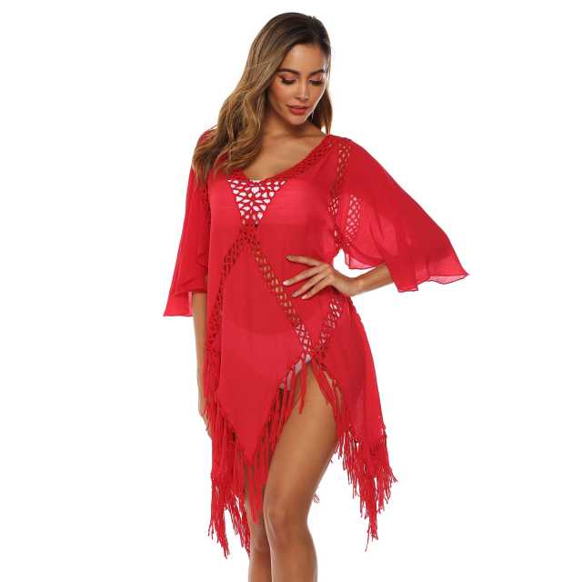 Red Hollow Out Tassel Beach Cover up GJZ00205-3