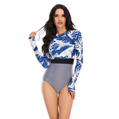 Blue Leaf Print Long Sleeve Surfing Swimsuit TQK620107-5