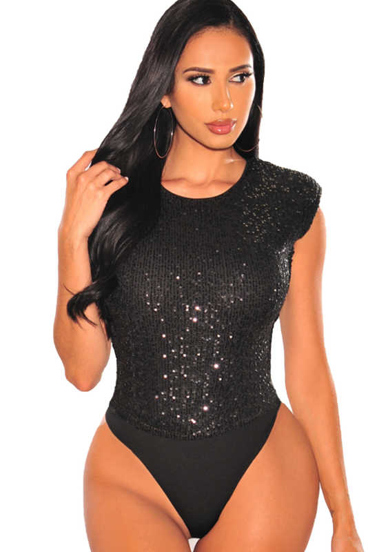 Black Sequins Sleeveless Bodysuit LC32876-2
