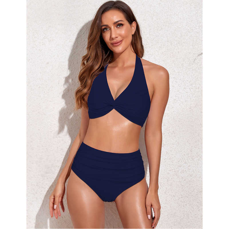 Navy Solid Front Twist Halter Bikini Swimsuit TQK610321-34