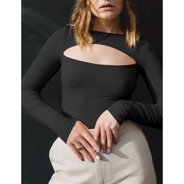 Black Ribbed Cut-out Long Sleeve Bodysuit TQV220110-2