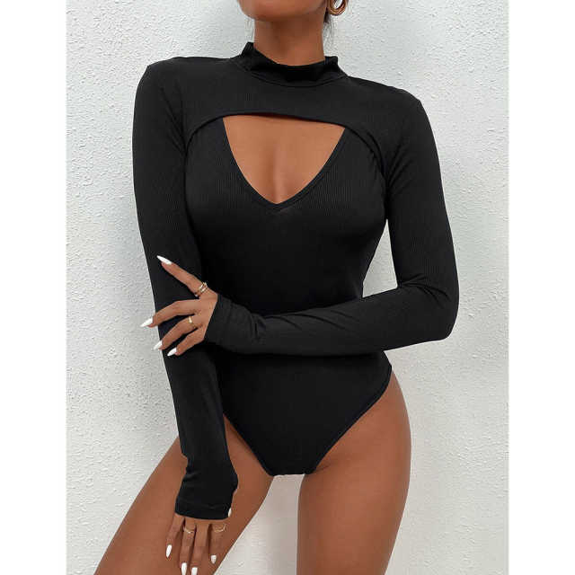 Black Mock Neck Cut-out Ribbed Long Sleeve Bodysuit TQV220133-2