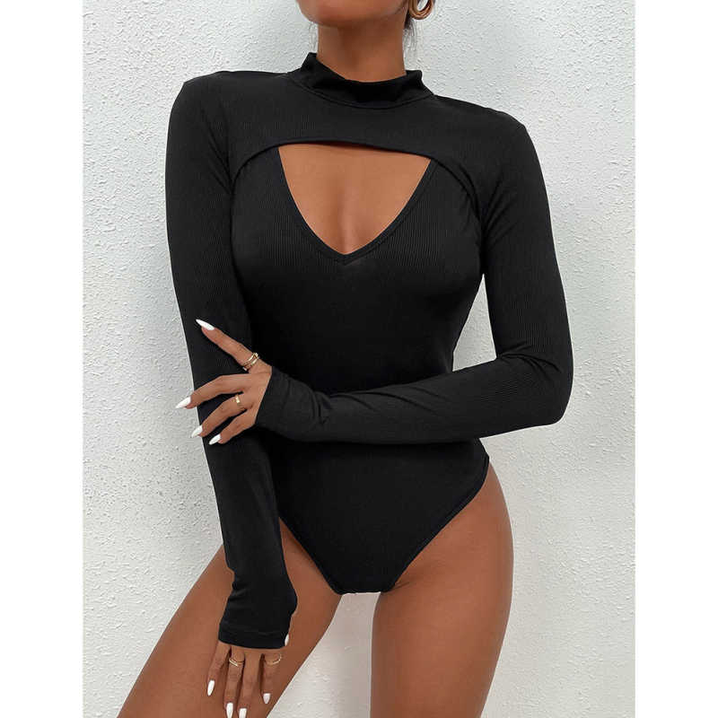 Black Mock Neck Cut-out Ribbed Long Sleeve Bodysuit TQV220133-2