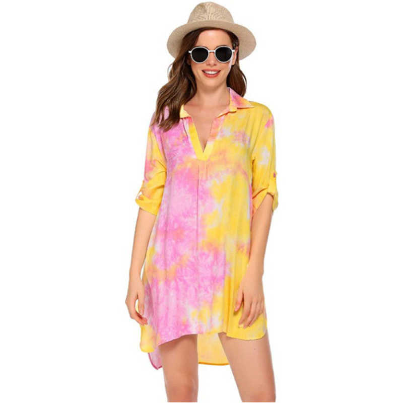 Yellow Print Shirt Style Beach Cover Dress TQK650072-7