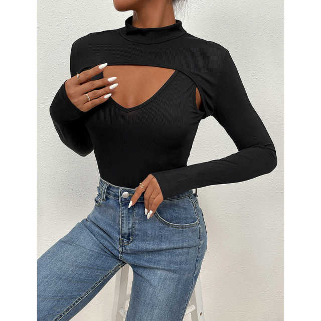 Black Mock Neck Cut-out Ribbed Long Sleeve Bodysuit TQV220133-2