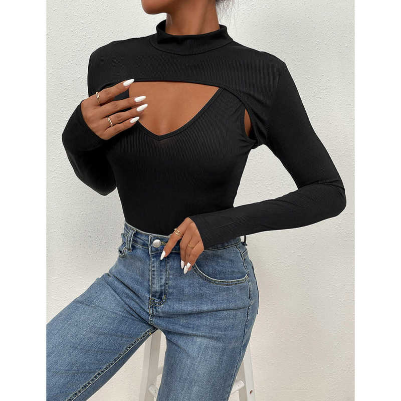 Black Mock Neck Cut-out Ribbed Long Sleeve Bodysuit TQV220133-2