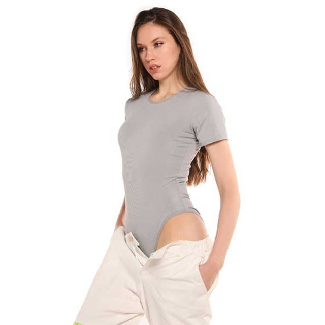 Light Gray Ribbed Round Neck Short Sleeve Bodysuit TQK550248-25