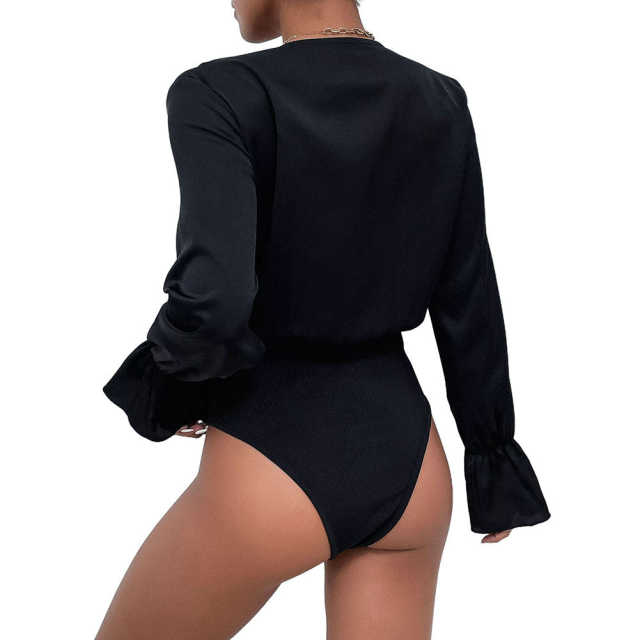 Black V Neck Wrap Long Sleeve Bodysuit TQV220137-2