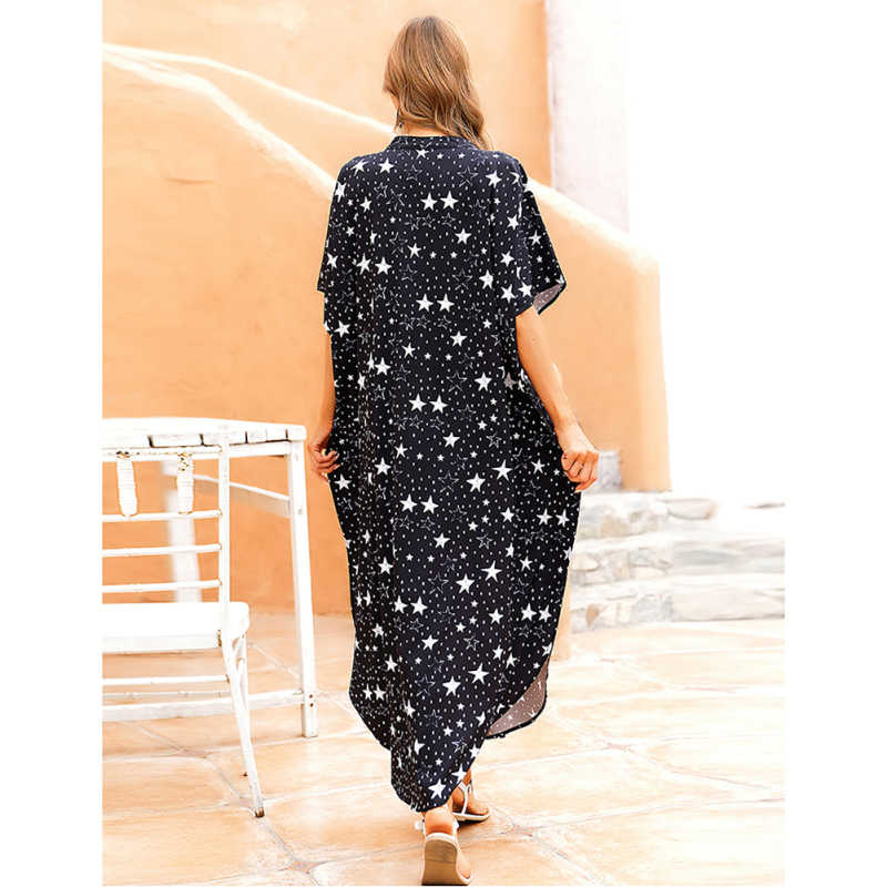 Star Button-down Holiday Beach Kimono Dress with Pocket TQK650094-17