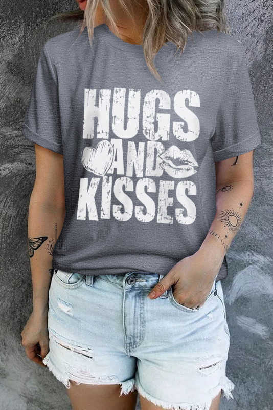 Gray HUGS AND KISSES Valentines Graphic Print Tee LC25219491-11