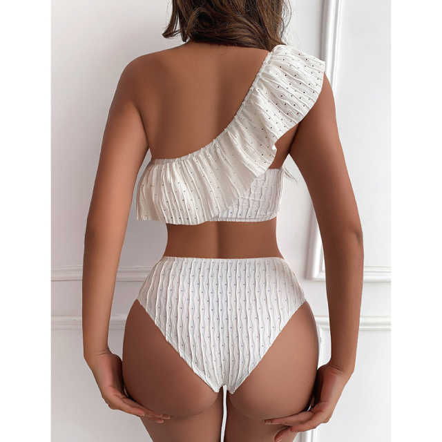 White Ribbed Ruffle One-shoulder  Bikini Set TQX610025-1