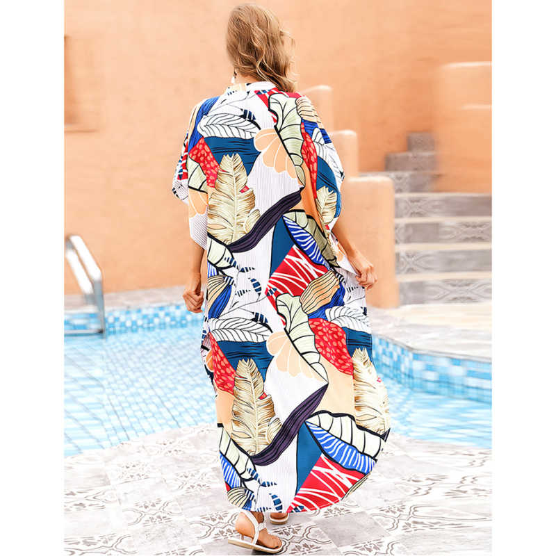 Leaf Button-down Holiday Beach Kimono Dress with Pocket TQK650094-18